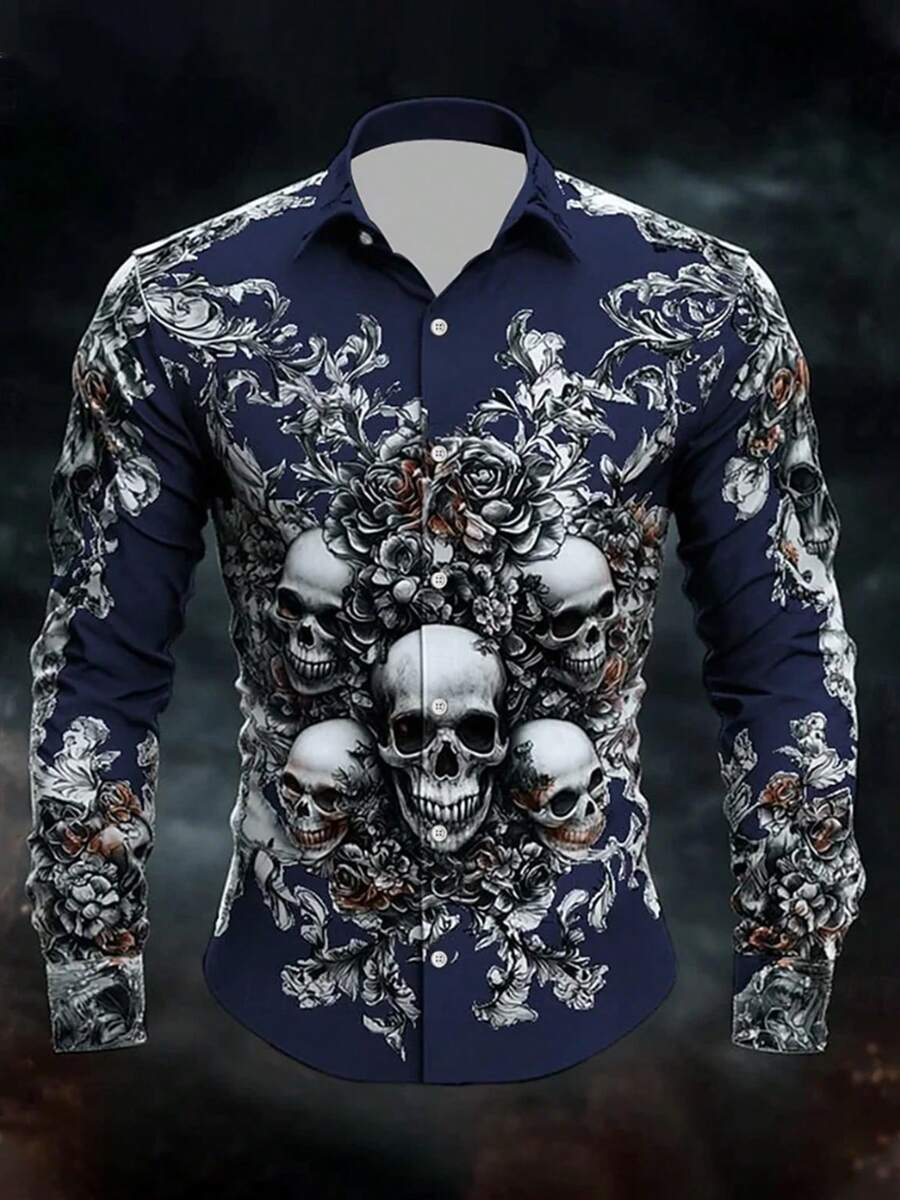 Men's Long Sleeve Shirt, Vintage Skull & Floral Print, Gothic Style, Suitable For Halloween, Christmas, Day Of The Dead, Casual & Formal Wear, Fall