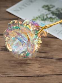 5/10/20支装闪亮水晶玫瑰花束 - 优雅彩虹人造花，金色花茎，含玻璃花瓶，适用于情人节、婚礼、周年纪念日、圣诞派对装饰、浪漫装饰，闪亮花朵，塑料玫瑰 - 彩色 - 查看 6