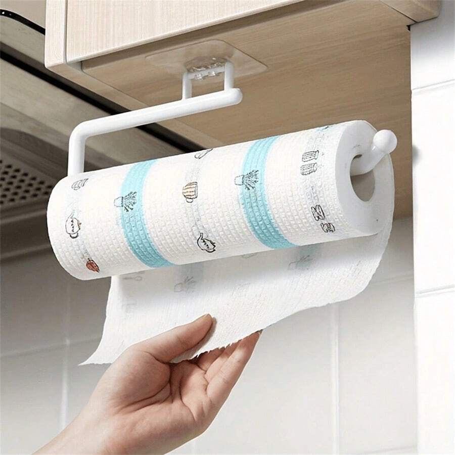 1pc No Drill Kitchen Paper Towel Holder, Toilet Paper Rack, Tissue Roll Hanger, Plastic Wrap Organizer, Dishcloth Holder, Wall Mounted Towel Bar, Kitchen & Bathroom Accessories