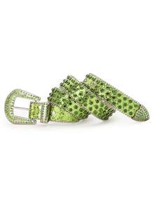 1pc Green Rhinestone Shiny Diamond Decor Y2K Waist Belt, Square Buckle PU Punk Rivet Belt, Unisex Suitable For Nightclub, Hip-Hop, Rock, Party, Christmas