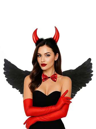 2PCS Female Demon Costume - Includes Black Angel Wings And Demon Horn Hairband Set, Fallen Angel Costume, Female Demon Accessories, Halloween Evil Night Role-Playing Accessories, 2025 Party Set