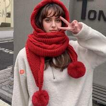 Women'S Knitted Beanie Hat With Integrated Scarf And 3 Pom-Pom Accessories, Thick Warm Fleece-Lined Knit Cap, Polyester, Non-Stretch, Machine Washable, With Winter Ear Protection - 三球圍巾帽-紅色 - 查看 12