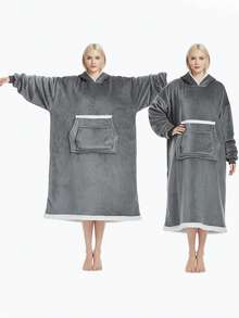 1pc Oversized Hooded Sweatshirt, Wearable Fleece Blanket Pullover For Men & Women, Warm & Comfortable Sherpa Lined Hoodie With Giant Pockets, Ideal For Autumn/Winter