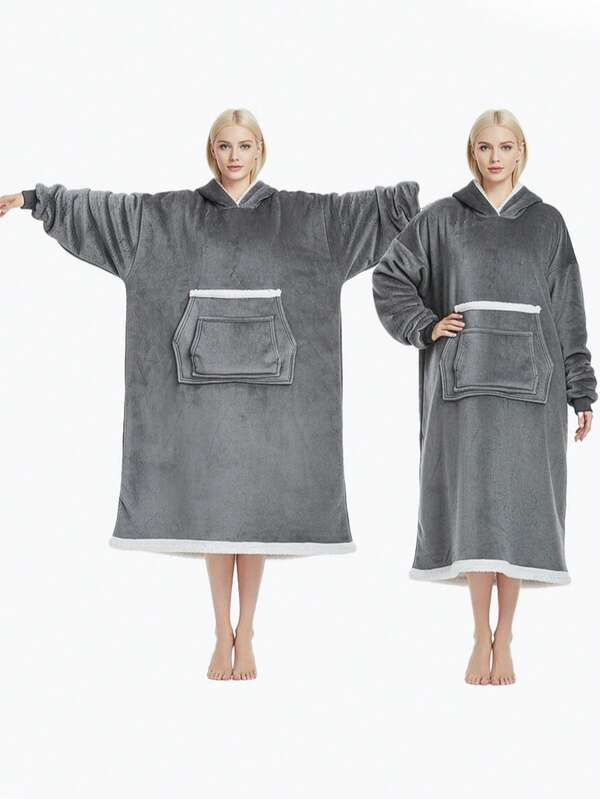 1pc Oversized Hooded Sweatshirt, Wearable Fleece Blanket Pullover For Men & Women, Warm & Comfortable Sherpa Lined Hoodie With Giant Pockets, Ideal For Autumn/Winter