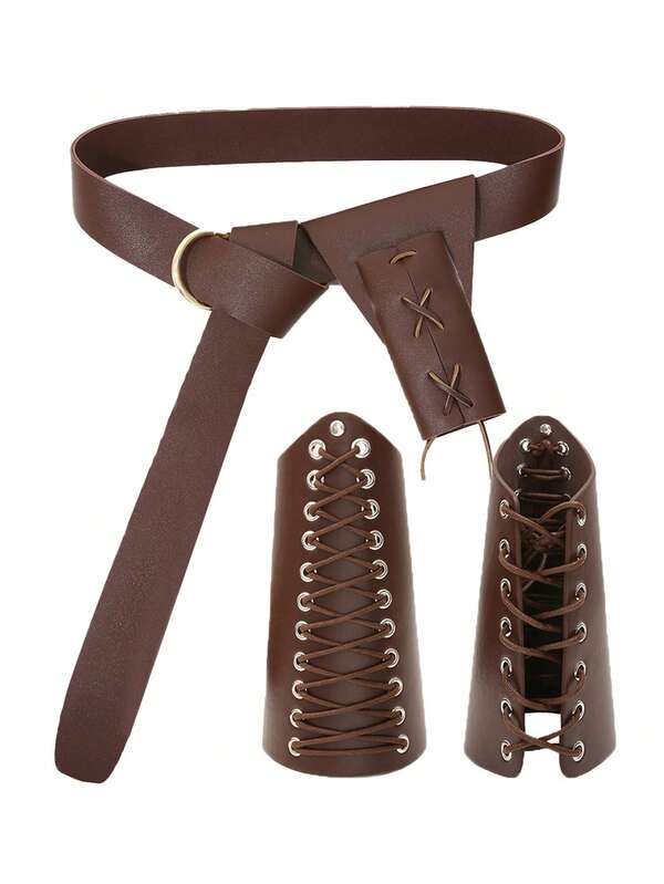 Multi-Piece Set Vintage Street Style Viking Belt, Leather Pouch, Arm Cuff Accessories, Viking Costume Leather Wristband, Scabbard, Retro Pouch, Suitable For Men And Women