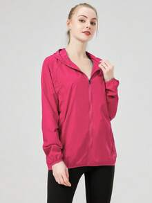 1件女款夏季超薄連帽運動夾克，純色長袖女上衣，女款戶外休閒運動服，附收納口袋 - 玫瑰紅 - 查看 6