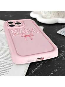 Bow-Knot 1pc Pink Matte Lens Protection Anti-Drop Phone Case With Bowknot "MAMA" Pattern, Personalized Compatible With Iphone 16 Pro Max, 15/14 Plus, 13, 12, 11 - Multicolor - View 2