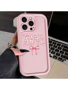 Bow-Knot 1pc Pink Matte Lens Protection Anti-Drop Phone Case With Bowknot "MAMA" Pattern, Personalized Compatible With Iphone 16 Pro Max, 15/14 Plus, 13, 12, 11 - Multicolor - View 1