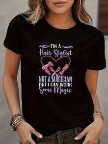 Women's Casual Short Sleeve T-Shirt - Black With Pink & Purple  I'm A Hairstylist Not A Magician  Graphic, Round Neck, Geometric Pattern, Machine Washable, All-Season Comfort, Hair Stylist Shirt, - màu đen - Xem 1
