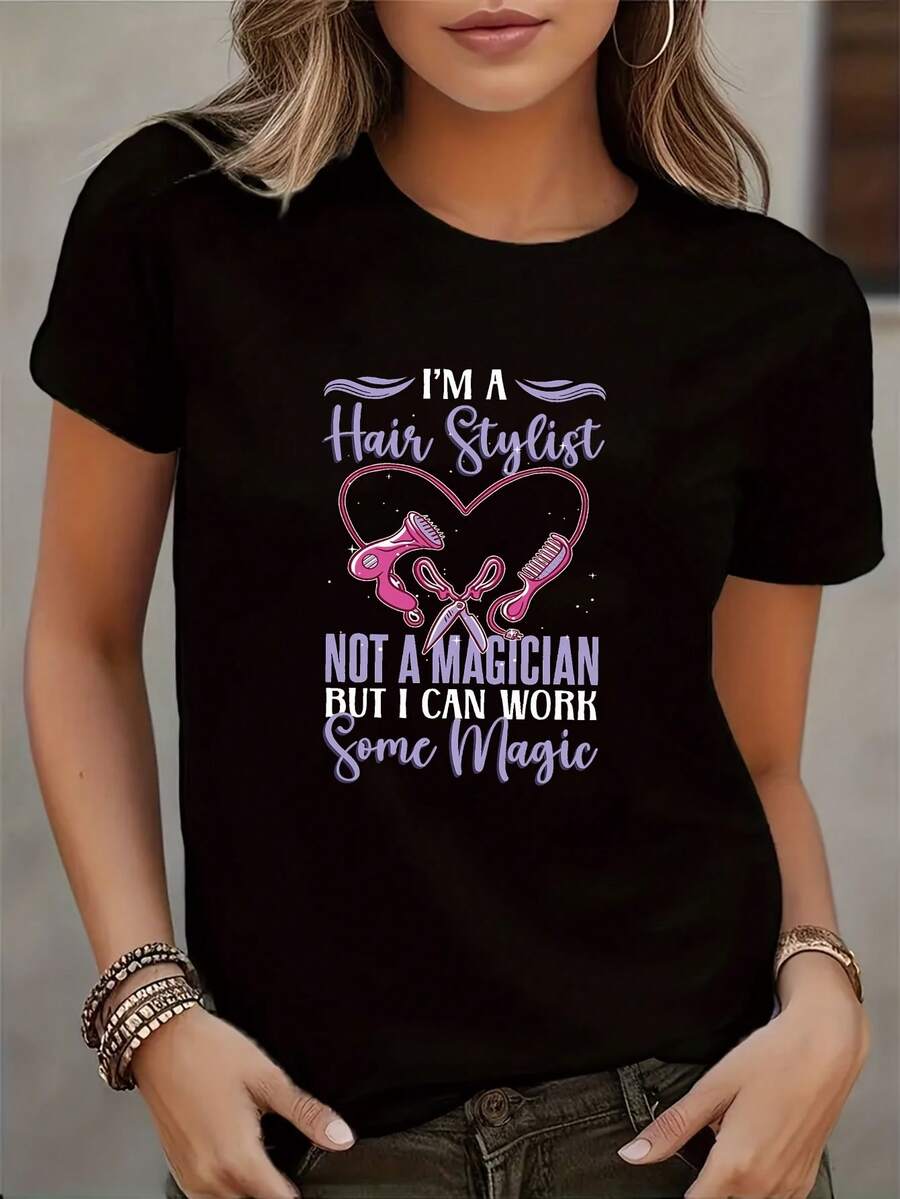 Women's Casual Short Sleeve T-Shirt - Black With Pink & Purple  I'm A Hairstylist Not A Magician  Graphic, Round Neck, Geometric Pattern, Machine Washable, All-Season Comfort, Hair Stylist Shirt, - màu đen - Xem 1