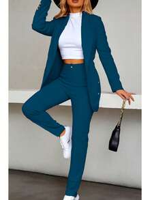Elegante conjunto de traje azul de manga larga para mujer con cuello chal pantalones largos y detalles de botones - Azul Marino - Ver 1