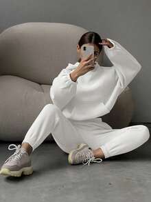 2Pcs/Set Warmth&Plush,Women's Loose Long Sleeve Hoodie With Pockets And Sweatpants,For Fall Autumn&Winter&Spring,Daily/Offce/Home/Daily