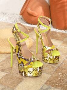 女士高跟时尚凉鞋，圆头搭扣拉链装饰露趾防水台16厘米性感细高跟超高跟时尚女士凉鞋，夜店鞋，尺码35-42，春夏穿搭 - 橄欖綠 - 查看 6