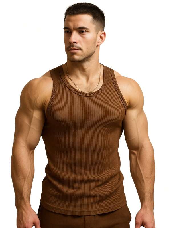 Regata Masculina Lisa Canelada – Modelagem Slim e Tecido Confortável Street Marrom