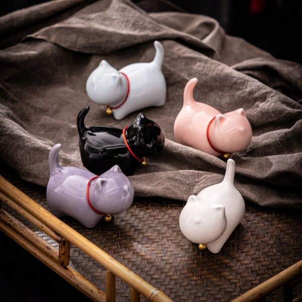 قطعة واحدة زينة جرس قطة خزفية جميلة، ديكور مكتب جذاب، إكسسوار شاي، حامل أقلام