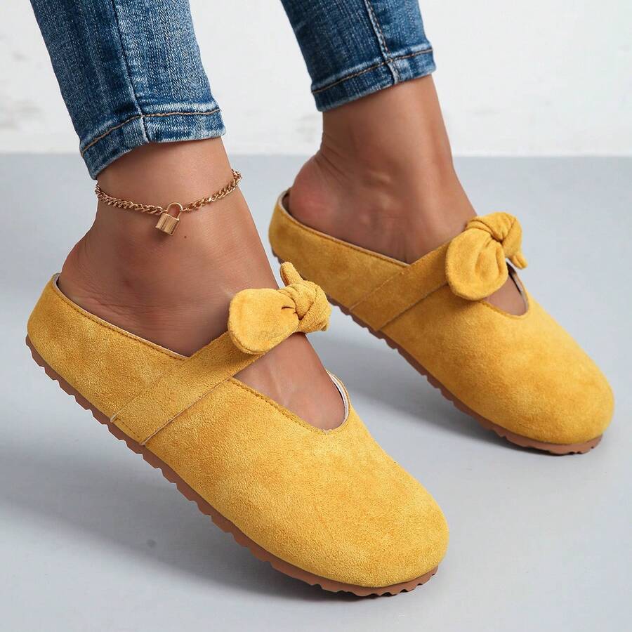 New Women's Sweet Style Bowknot Enclosed Toe Mule Slippers - Soft Sole, Comfortable, Versatile For Daily Commute & Casual Wear, Everyday Outdoor Slides - Màu vàng - Xem 1