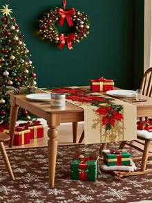 1 Pc Modern Christmas Theme Table Runner Christmas Poinsettia Pattern Table Runner Washable Suitable For Outdoor Indoor Party Kitchen Home Dining Table Center Can Be Used For Living Room Rectangular Dining Table Restaurant Christmas Decoration - Champagne - View 4