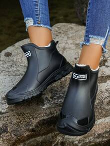 1 Pair Autumn/Winter Warm Thermal Lined Black Boots, Soft Comfortable Slip-On Short Shaft Boots For Teenagers, Non-Slip Outdoor Thick Sole Shoes For Kitchen - Black - View 3