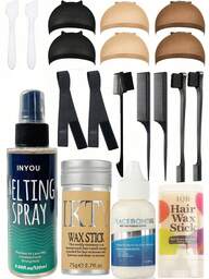 19 PIEZAS Kit de Cuidado y Peinado de Peluca de Encaje - Pegamento impermeable para peluca con spray tinte de encaje marrón claro, barra de cera para el cabello, bandas elásticas, cepillo para el borde, peines, cucharas, gorros para peluca y herramientas de aseo para uso profesional y doméstico
