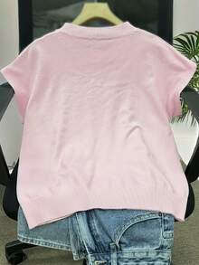 Fine Spun New Loose Short Sleeve T-Shirt Women, Distinctive Sleeveless Knit Sweater, Solid Color Undershirt Pink Summer - Pink - View 4