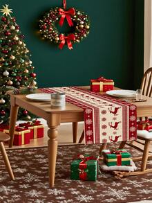1 Pc Modern Christmas Theme Table Runner Christmas Elk Santa Claus Christmas Balls Pattern Table Runner Washable Suitable For Outdoor Indoor Party Kitchen Home Dining Table Center Can Be Used For Living Room Rectangular Dining Table Restaurant Christmas Decoration - Red and White - View 4