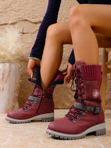 Fall/Winter 2025 New Arrival Women's Fashionable High-End Elegant Slimming Mid-Calf Boots,Party - Burgundy - View 3