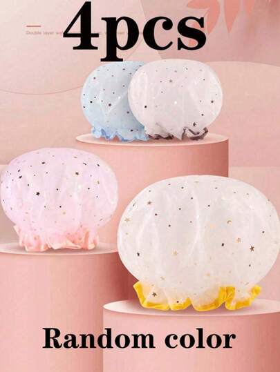 4件/1件可重复使用防水浴帽，护发帽，洗发帽，星印花浴帽，厨房防油防尘帽，随机颜色浴室浴帽，染发帽，干发帽，头发水疗帽