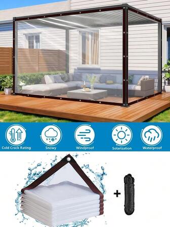 1 pieza Lona de poliéster transparente y resistente al agua con ojales, adecuada para porche del hogar, invernadero, camping, exteriores, plantas, jardín, patio, caja de para gatos, pila de leña, muebles de patio, caseta de perro, con 1 rollo de cuerda resistente al desgarro