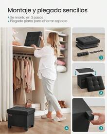 Taburete de almacenamiento, con reposapiés, adecuado para sala de estar, dormitorio, negro azabache, 32 x 40 x 33.5 cm - Azul oscuro - Ver 5