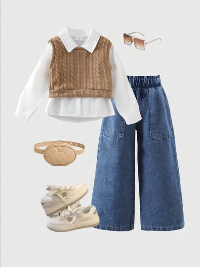 3pcs Young Girl' Casual School Style White Shirt, Vest, And Denim Pants Set, Spring/Autumn
