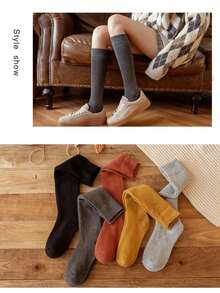 Set Of 3 Women's Knee-High Socks: Thick, Warm, And Comfortable For Cold Feet. Compression Socks, School Socks, Long Socks, Warm Socks, Over-The-Knee Stockings, Available In Plain, Fabric, Or Rib Knit.