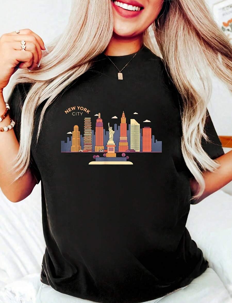 Camiseta divertida 100% algodón negro para mujer con gráfico de la silueta de la ciudad de Nueva York, camiseta vintage de la ciudad de Nueva York, NYC, camiseta gráfica casual de cuello redondo de manga corta, camiseta de alta calidad de 220g de algodón puro con impresión minimalista, tops de disfraces de Halloween para mujer - Negro - Ver 1