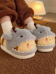 Women's Casual Indoor Slippers, Grey & Yellow Shark & Bee Design, Non-Slip, Warm, Thick Soft Bottom, Suitable For Spring, Autumn & Winter - Grey - View 2