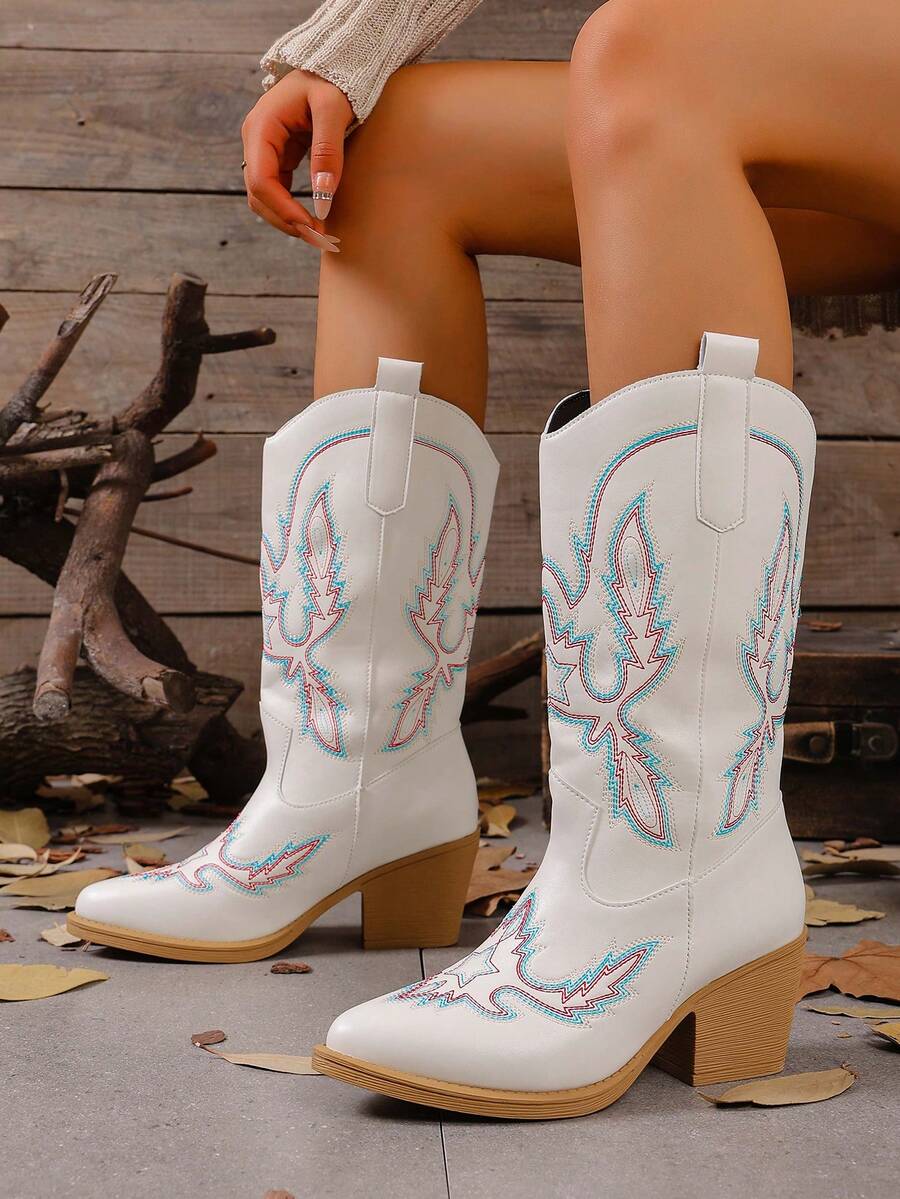 Fall/Winter Women's New Retro American Style Embroidered Leather Pointed Toe Western Boots, Pointed Toe Chunky Heel Tall Shaft Stylish Cowboy Boots, High Heel Chunky Heel Riding Boots, Fashion Punk Style Chelsea Boots - White - View 1
