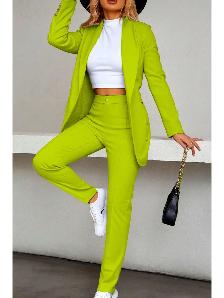 Elegante conjunto de traje azul de manga larga para mujer con cuello chal pantalones largos y detalles de botones - Verde Lima - Ver 1