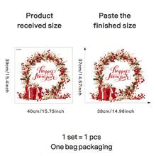 1 Stück Festlicher Weihnachtskranz Wandaufkleber - Abnehmbarer Kiefernzweig & Beeren Aufkleber mit rotem Geschenk, perfekt für Tür, Wand, Fenster oder Kühlschrankdekoration, ideal für Feierlichkeiten, Weihnachtsdekorationen