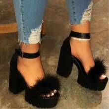 Plus Size High Heel Platform Sandals For Women With Fur Buckle, European And American Fashion New Thick Heel Women's Shoes - 粉紅色 - 查看 4