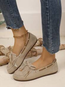 Mocasines cómodos con decoración de cadena de diamantes para mujer, de punta redonda, elegantes, aptos para primavera, otoño e invierno - Caqui - Ver 5