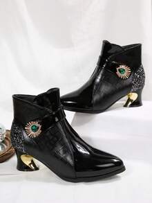 Fashionable British Style Mid-Heel Ankle Boots, Gem Decor Design, Pointed Toe Retro Mid-Heel Short Boots, Versatile Black Plaid Side Zipper Closure Chelsea Boots