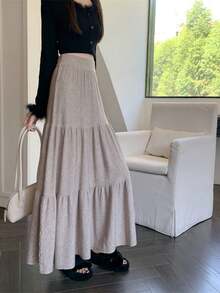 2025秋冬新款高腰针织拼布蛋糕裙，柔软羊毛A字裙，显瘦又显身材