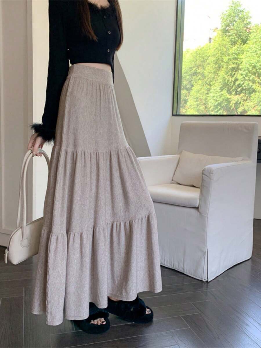 2025秋冬新款高腰针织拼布蛋糕裙，柔软羊毛A字裙，显瘦又显身材