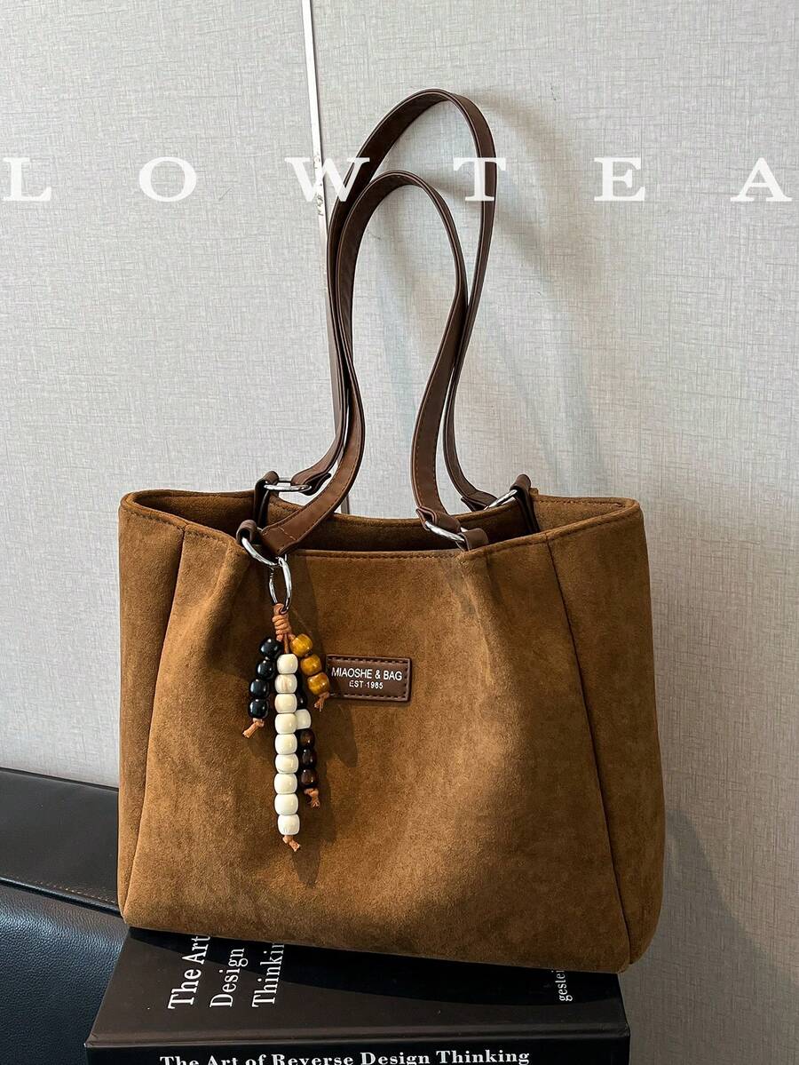 low tea 1pc Solid Color Suede Tote Bag, Large Capacity Shoulder Bag, Zipper Closure, Suitable For Commuting, Travel, Shopping, Dating, Office, School, Work, Business, Outdoor, Travel, Picnic (Sold With Pendant) - Brown - View 1