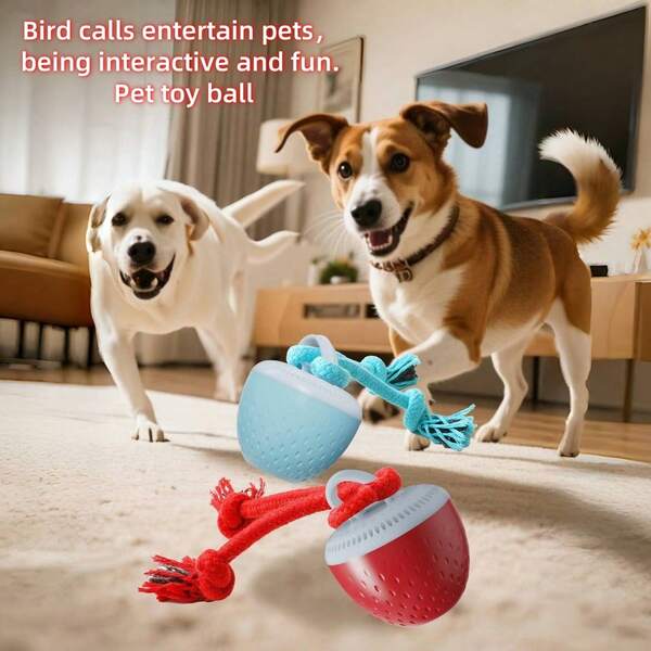 كرات لعب ملونة للكلاب قطعتان، كرات لعب بشكل فراولة قطر 3.15 بوصة، كرات لعب للقطط مزودة بأصوات طيور لجذبها، كرات للمضغ، كرات ذكية قابلة لإعادة الشحن عبر USB - هدية عيد الميلاد - هدية عيد للحيوانات الأليفة
