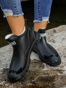 1 Pair Autumn/Winter Warm Thermal Lined Black Boots, Soft Comfortable Slip-On Short Shaft Boots For Teenagers, Non-Slip Outdoor Thick Sole Shoes For Kitchen - Black - View 8