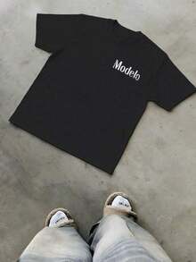 1pc Modelo Camiseta de Hombre con Estampado Gráfico 100% Algodón, Estilo Deportivo Casual, Estilo de Calle a la Moda, Adecuada para Viajes y Ropa Deportiva - Negro - Ver 5