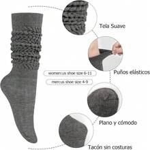 Calcetines de Mujer Hasta la Pantorrilla, 4 Pares Largos, Holgados e Informales, de Punto Hasta la Rodilla Color Liso - Negro - Ver 5