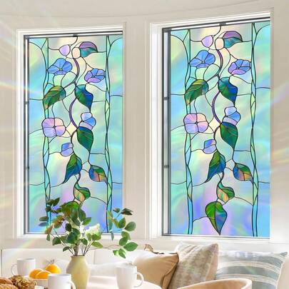 1片彩色牵牛花图案窗户防窥膜玻璃窗户吸附膜装饰磨砂玻璃膜可拆卸浴室隐私贴静电吸附防紫外线尺寸45*100cm