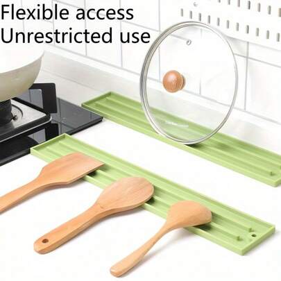 Diseño estrecho que ahorra espacio - Organizador de olla, tapa y espátula - Alfombrilla resistente al calor y antideslizante para encimera - Apta para cocina de gas y placa eléctrica - Fácil de limpiar para uso en cocina y comedor - Material de plástico, protege la estufa