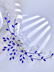 1 pezzo Fascia per capelli di lusso da donna, fascia con perle finte e cristalli blu, accessorio per capelli da sposa, fermaglio per capelli in lega con fiore, decorazione per capelli da matrimonio occidentale, accessorio per fotografia, accessorio per feste, souvenir, regalo per vacanze, regalo per appuntamenti - Blu - Visualizzare 5