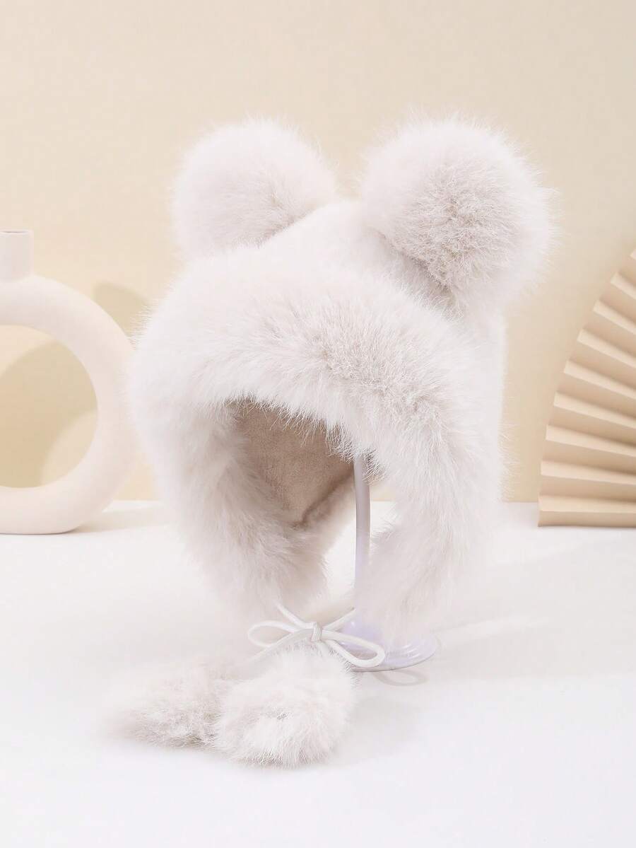 1pc Cute Ear Plush Hat, 3D Bear Ear Design With Playful Pom Pom. Sweet & Adorable, Warm & Comfortable, Suitable For Daily Wear, Commuting, Gatherings With Friends, Holiday Occasions As Autumn/Winter Decorative Hat To Add Cute Elements To Your Outfit, Youthful & Energetic Design
